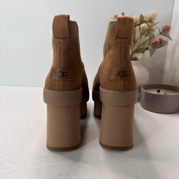 UGG Classic Mini New Heights Platform Suede Boots Chestnut Women's 8 Tried On - Picture 4 of 11